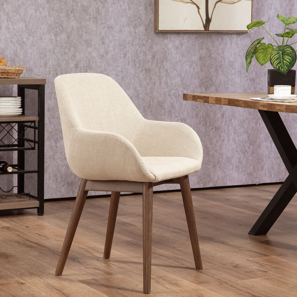 Chaise repas accoudoirs tissu beige pied chêne foncé MALVA