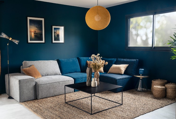 accompagnement déco intérieur salon canapé modulable bleu et gris