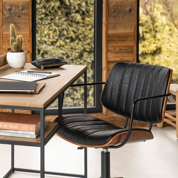 Chaise de bureau imitiation cuir noir et noyer Roll
