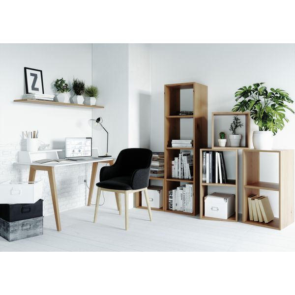Chaise accoudoirs tissu gris foncé piétement placage chêne Manie