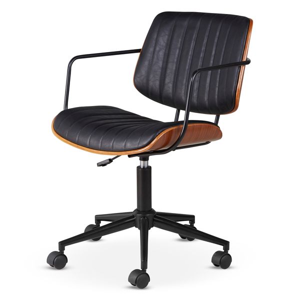 Chaise de bureau imitiation cuir noir et noyer Roll