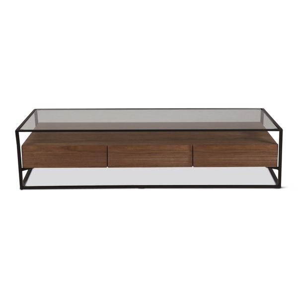 Meuble TV en métal verre et plaquage noyer 3 tiroirs 150 cm Helix