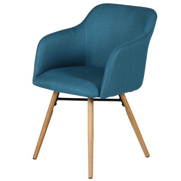 Chaise accoudoirs bleu en tissu pieds chêne naturel May