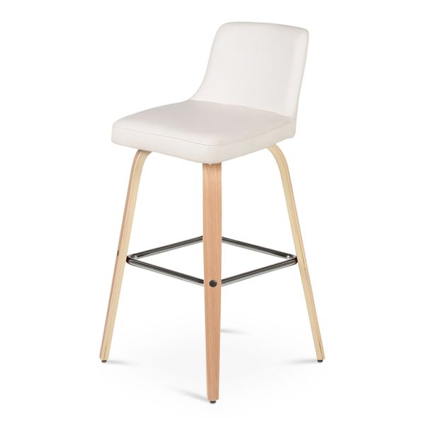 Chaise plan de travail imitation cuir blanc piètement plaqué chêne h 68.5 cm Leti