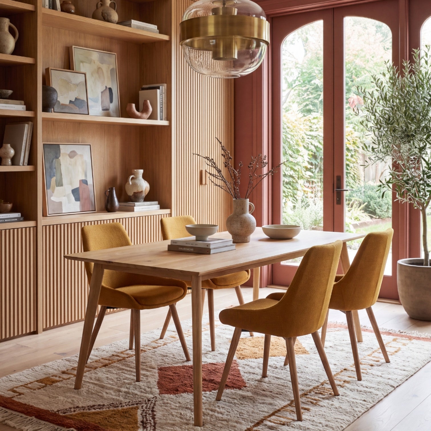 Chaise repas en tissu ocre pied chêne