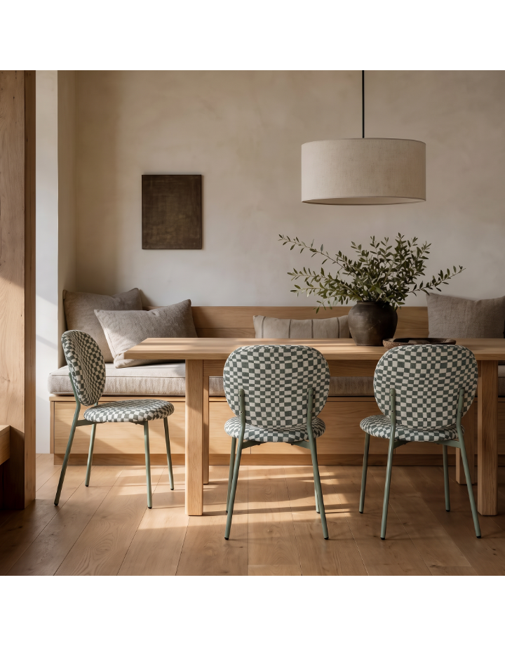 Chaise repas tissu vert amande et blanc