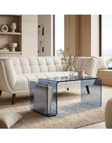 Table basse ou bout de canapé en verre trempé bleu gris