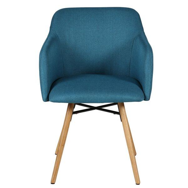 Chaise accoudoirs bleu en tissu pieds chêne naturel May