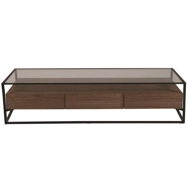 Meuble TV en métal verre et plaquage noyer 3 tiroirs 150 cm Helix