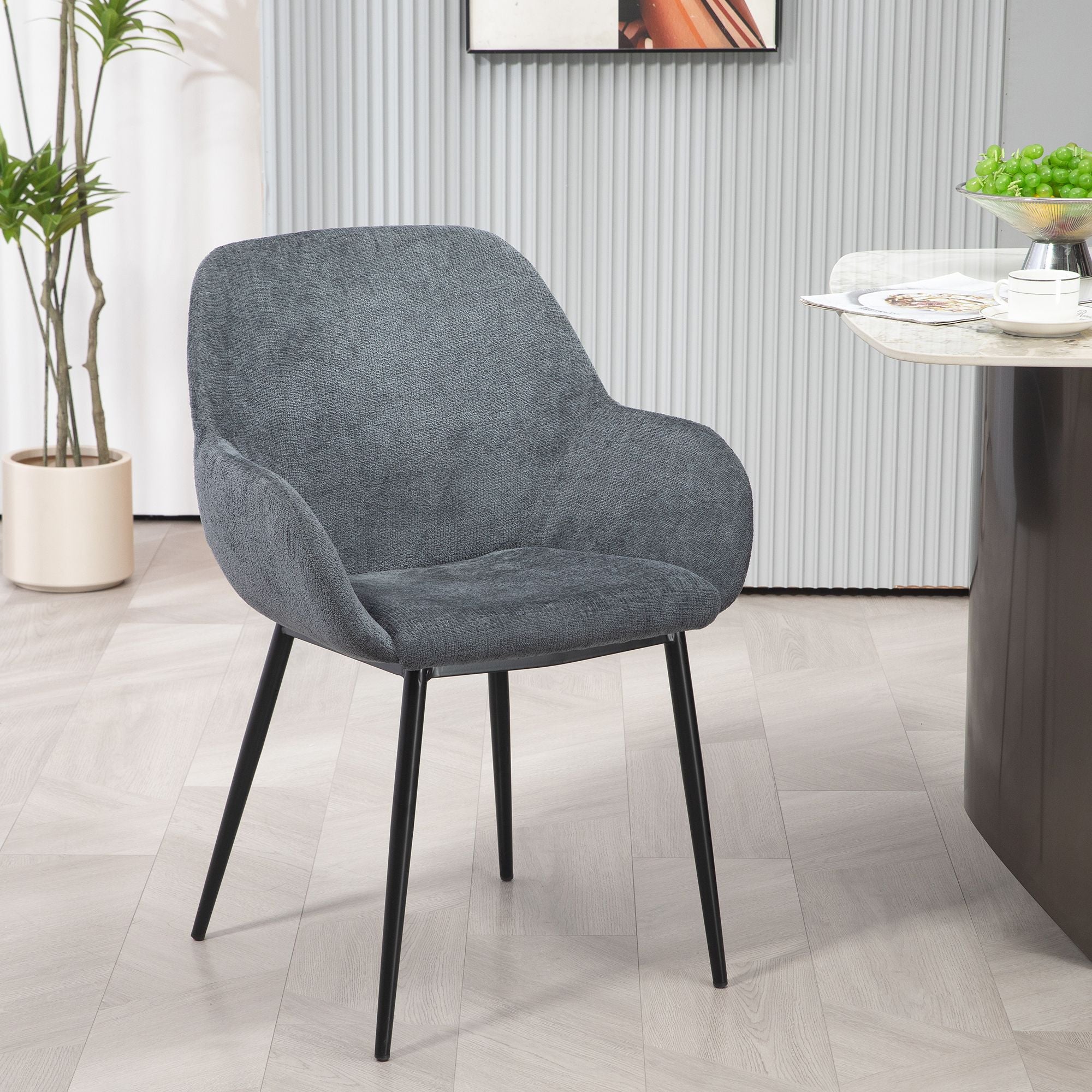 Chaise repas accoudoirs tissu chenille gris pied métal HIBIS