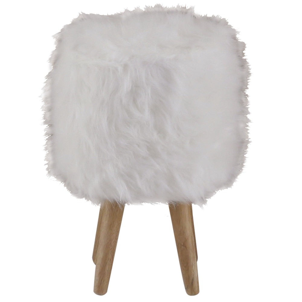 Pouf fourrure synthétique blanche et hévéa Lasco