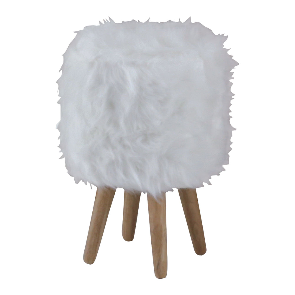 Pouf fourrure synthétique blanche et hévéa Lasco