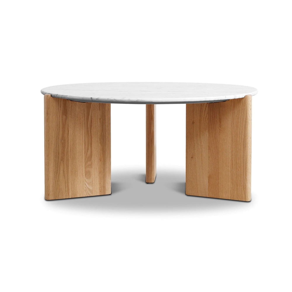 Table basse D80 cm marbre blanc placage chêne