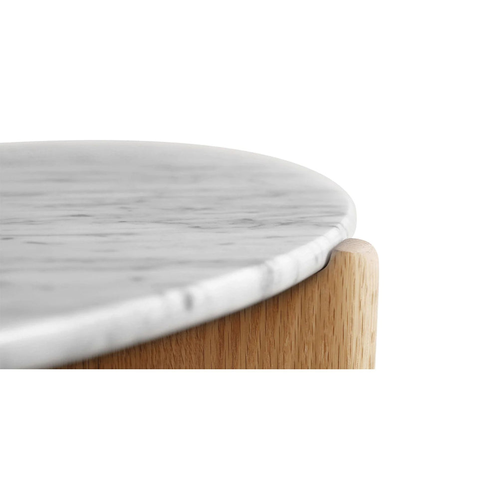 Table basse D80 cm marbre blanc placage chêne
