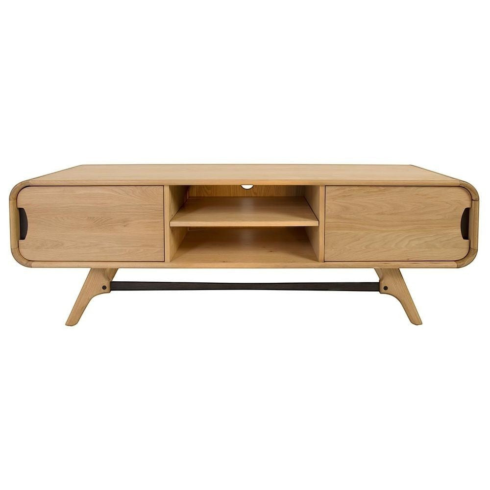 Meuble TV ZAGO STORE en chêne naturel avec deux portes, deux niches ouvertes et pieds hauts au design arrondi