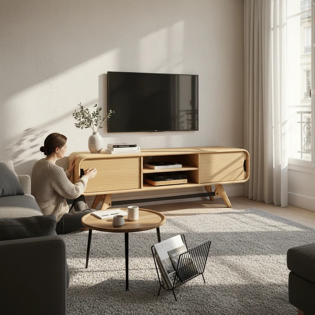 Meuble TV ZAGO STORE en chêne naturel avec 2 portes et 2 niches, design arrondi, dans un salon lumineux et moderne.