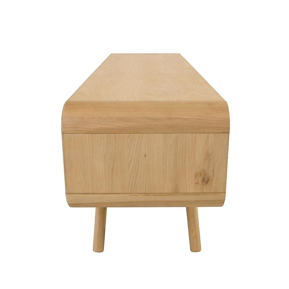 Meuble TV ZAGO STORE en chêne naturel avec coins arrondis et pieds hauts, vue latérale