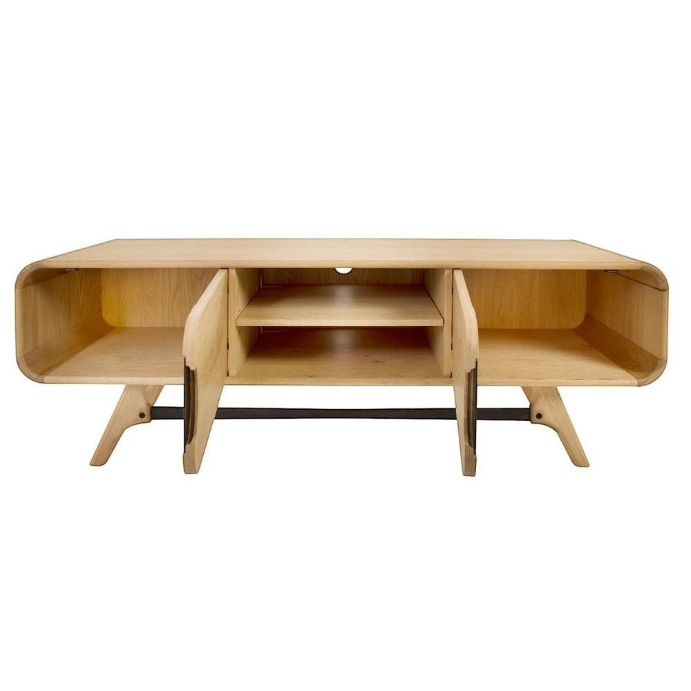 Meuble TV ZAGO STORE en chêne naturel avec deux portes, deux niches et coins arrondis au design scandinave