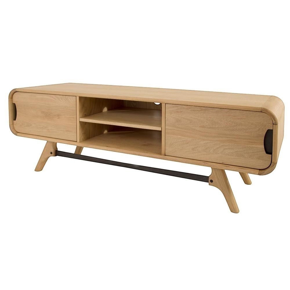 Meuble TV ZAGO STORE en chêne naturel avec deux portes, deux niches ouvertes et pieds hauts au design arrondi.