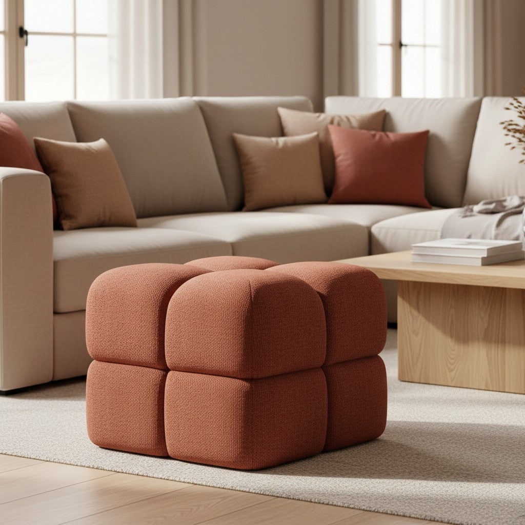 Pouf ZAGO STORE bordeaux en tissu texturé au design carré moderne dans un salon chaleureux