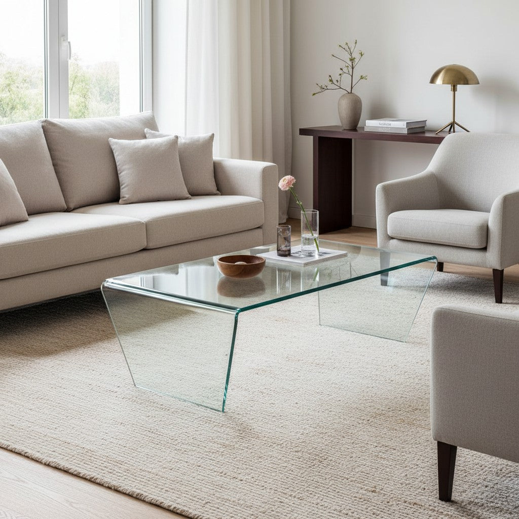 Table basse ZAGO STORE rectangulaire en verre trempé transparent de 120 cm dans un salon moderne et lumineux