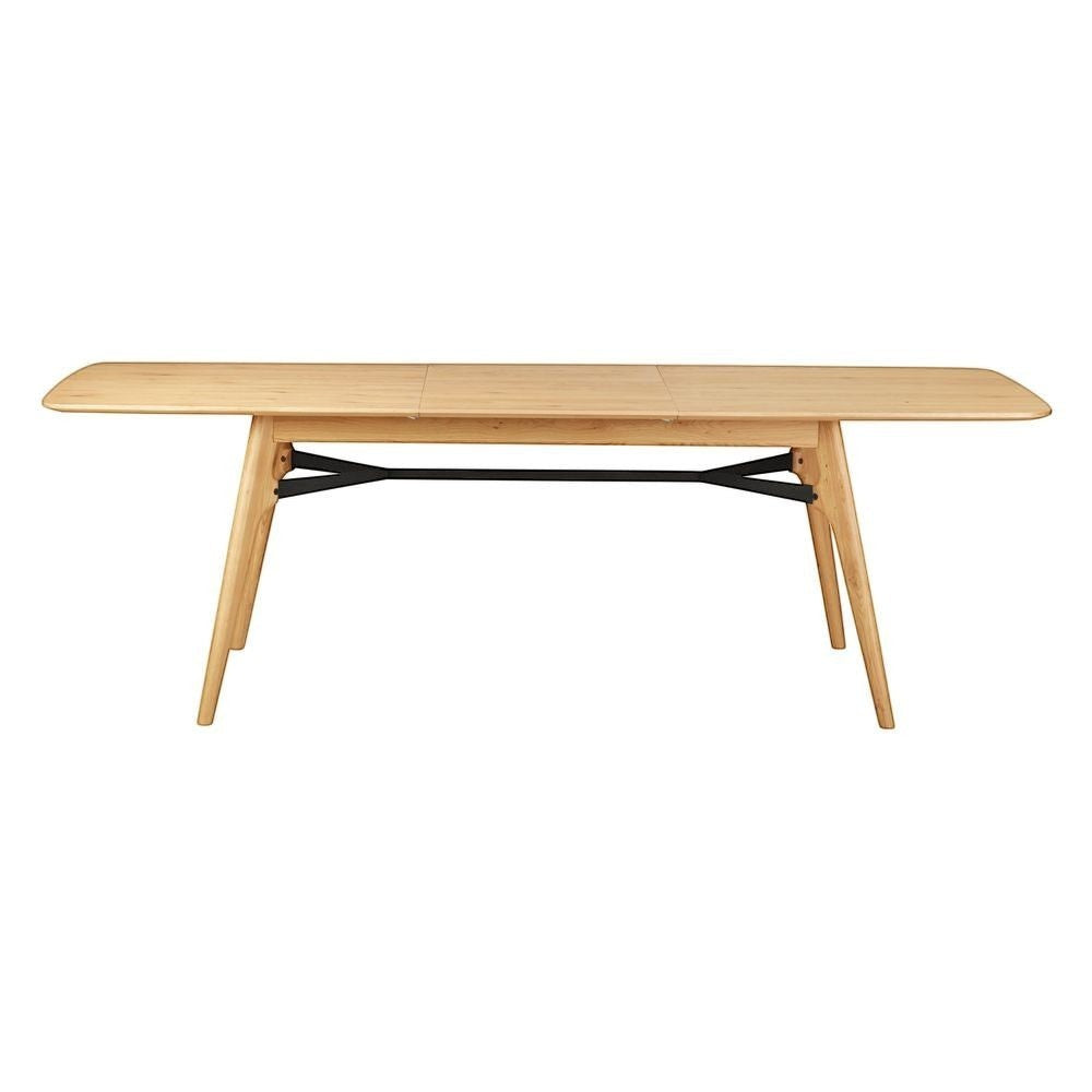 Table repas ZAGO STORE en chêne naturel avec allonge, design sobre et pieds en bois massif, vue de face