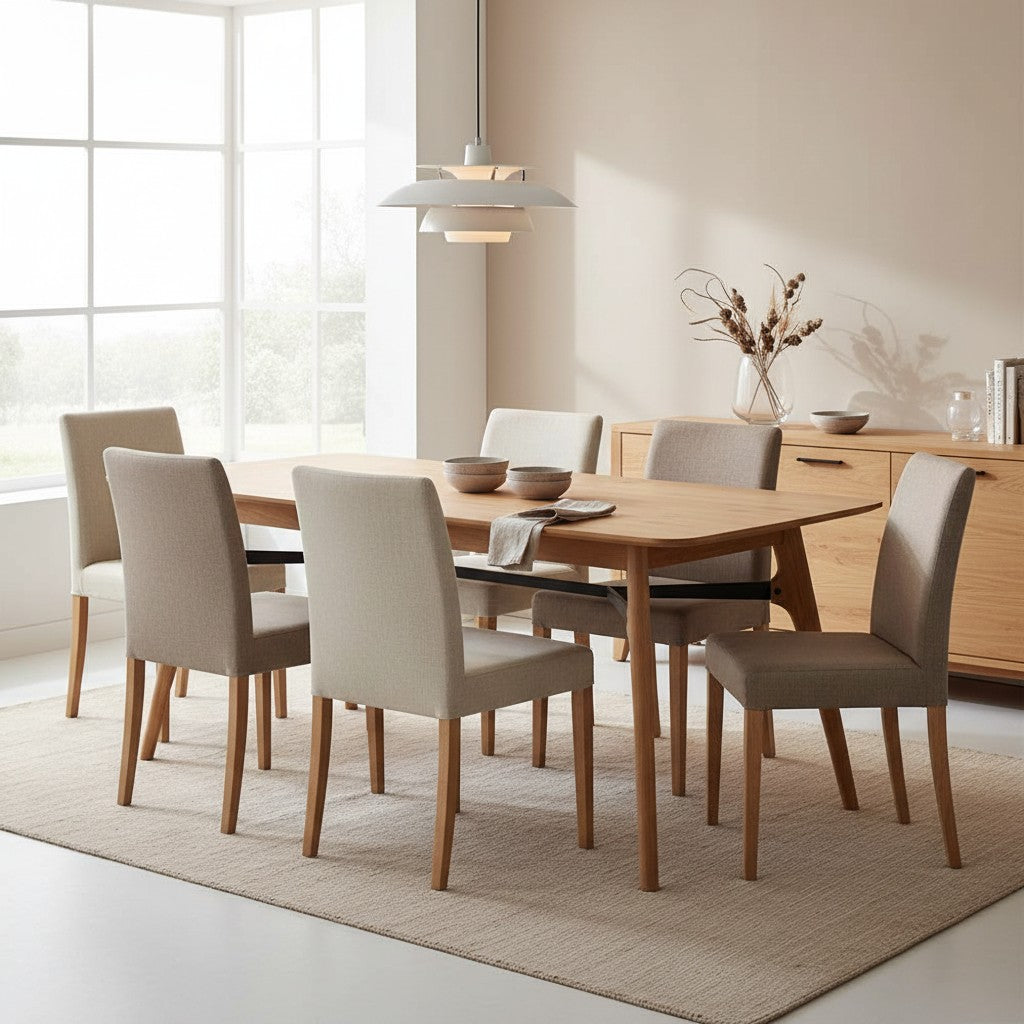 Table repas ZAGO STORE en chêne naturel 180 cm avec chaises beiges dans une salle à manger lumineuse et moderne